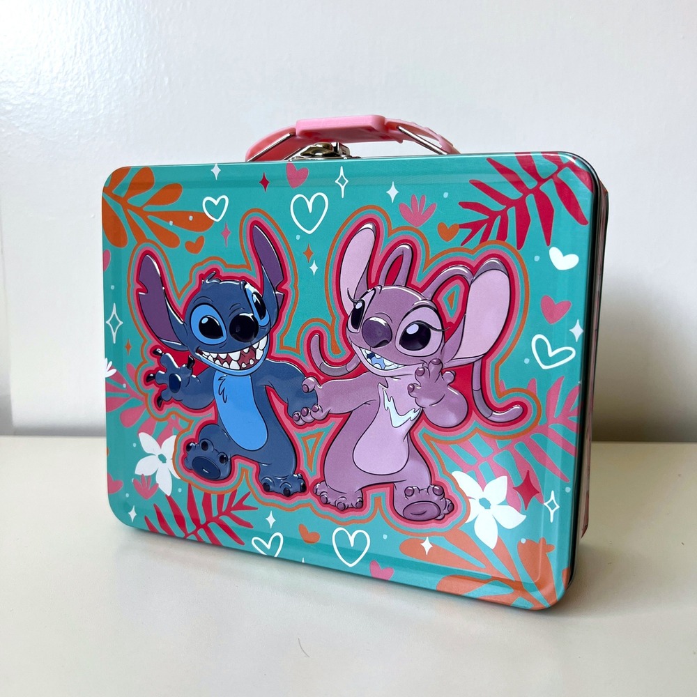 Disney Stitch & Angel Metal Lunch Box Tin Carry Case Pink Teal Tropical 8.5"